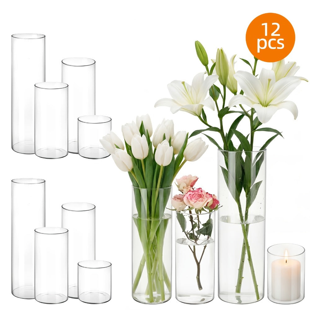 Glass Cylinder Vases Set 12 or 24pcs Clear Tall Flower Vase Candle Holder 4 Sizes for Wedding for Entryways, Bedrooms and Living Spaces