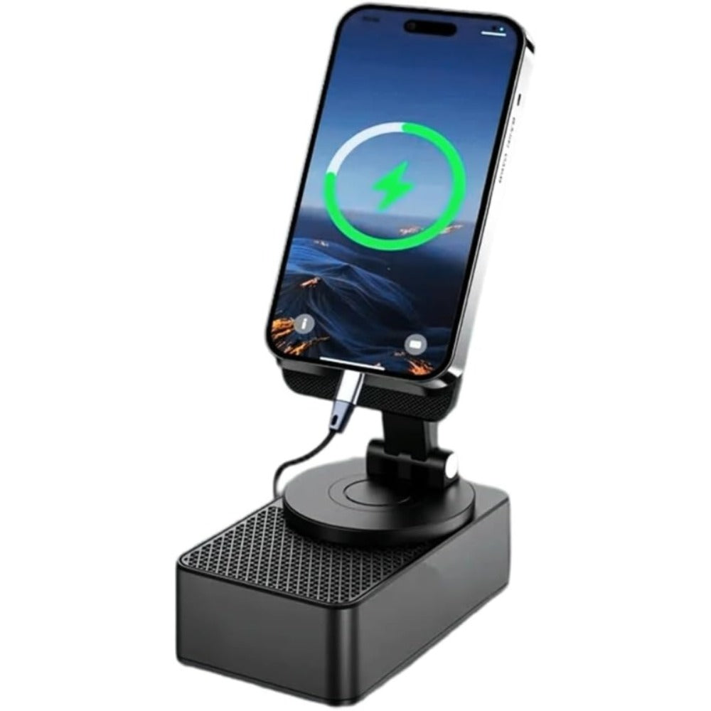 Induction Wireless Speaker Phone Holder Stand 3-in-1, Foldable Tabletop Mount with Stereo Bass Amplifier