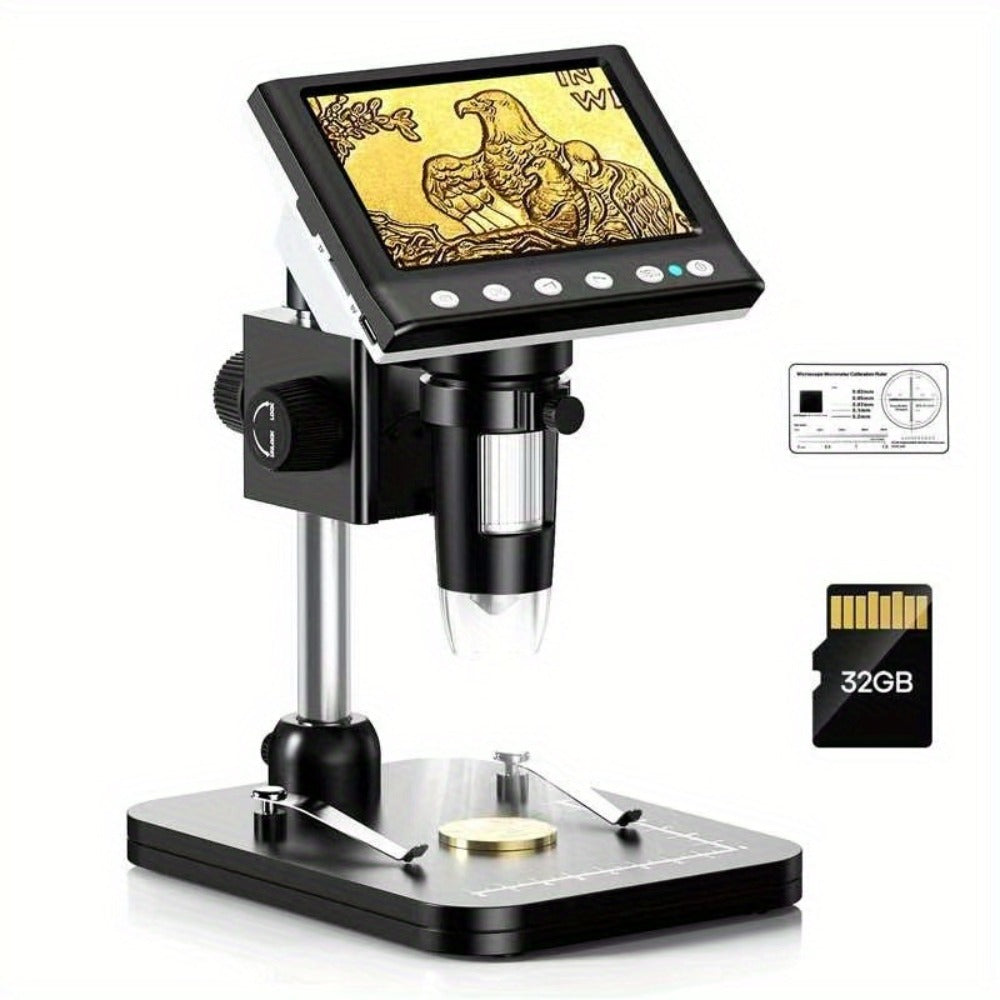 4.3-Inch IPS Digital Microscope with Eight LEDs, 32GB Card and Adjustable Stand for Coin and PCB Inspection
