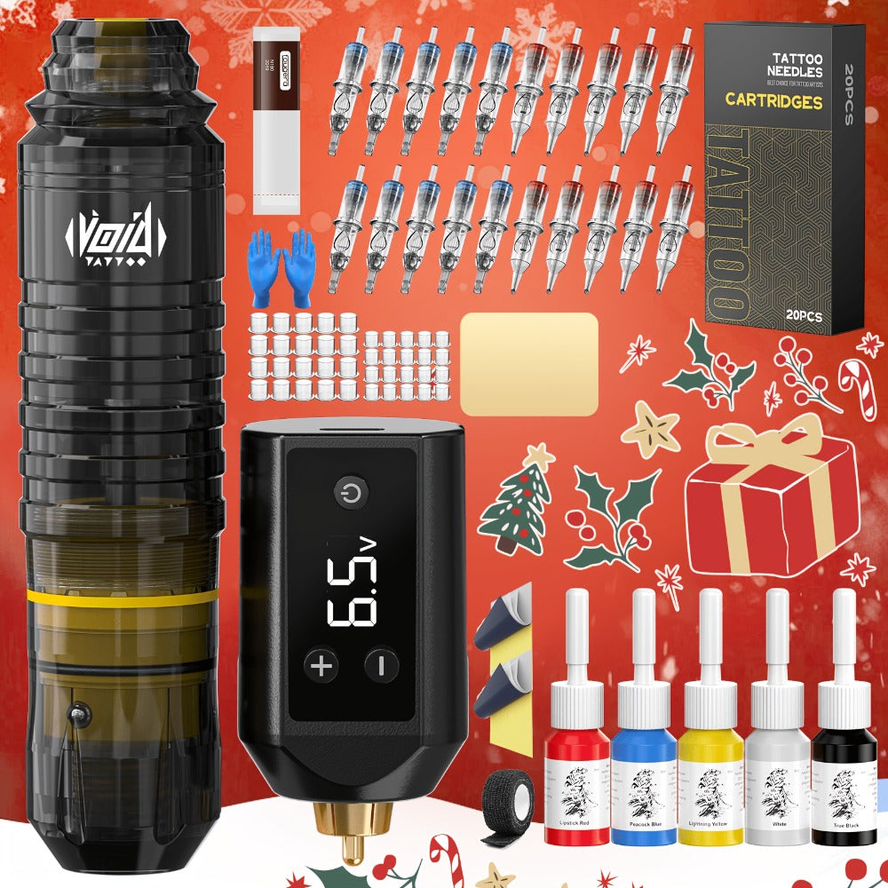 Tattoo Machine Kit VOID WTK421 or WTK422 Cordless Rotary Pen with USB-C, 20 Cartridges, 5 Inks and Practice Supplies