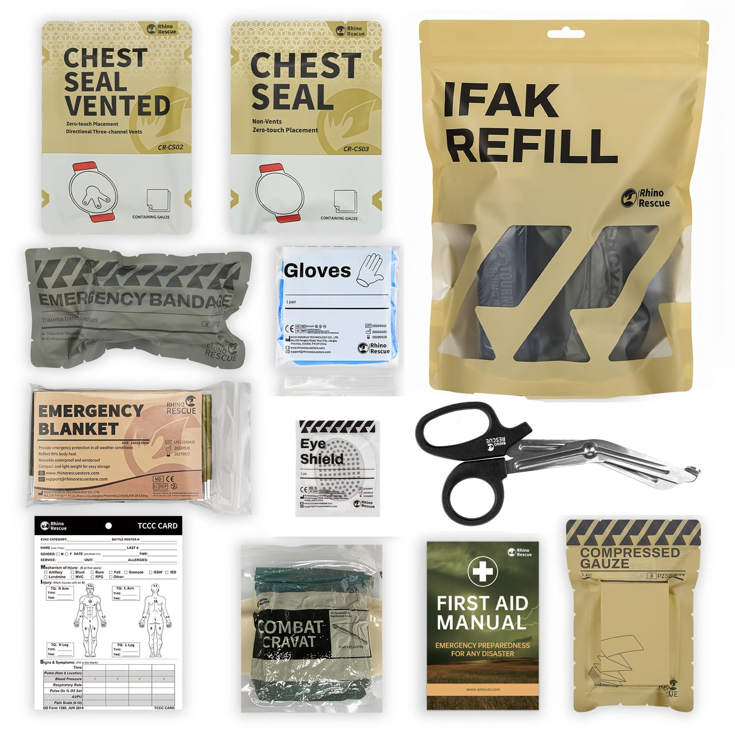 11-Piece IFAK Refill First Aid Kit with Labeled Dressing, Blanket, Gauze, Glove, Manual and Scissor Supplies
