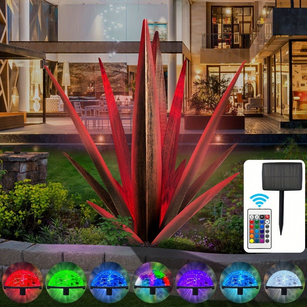 Solar Powered Agave Metal Sculpture Garden Statue – Hand-Painted Rustic Agave Figurine with LED Light & Remote Control