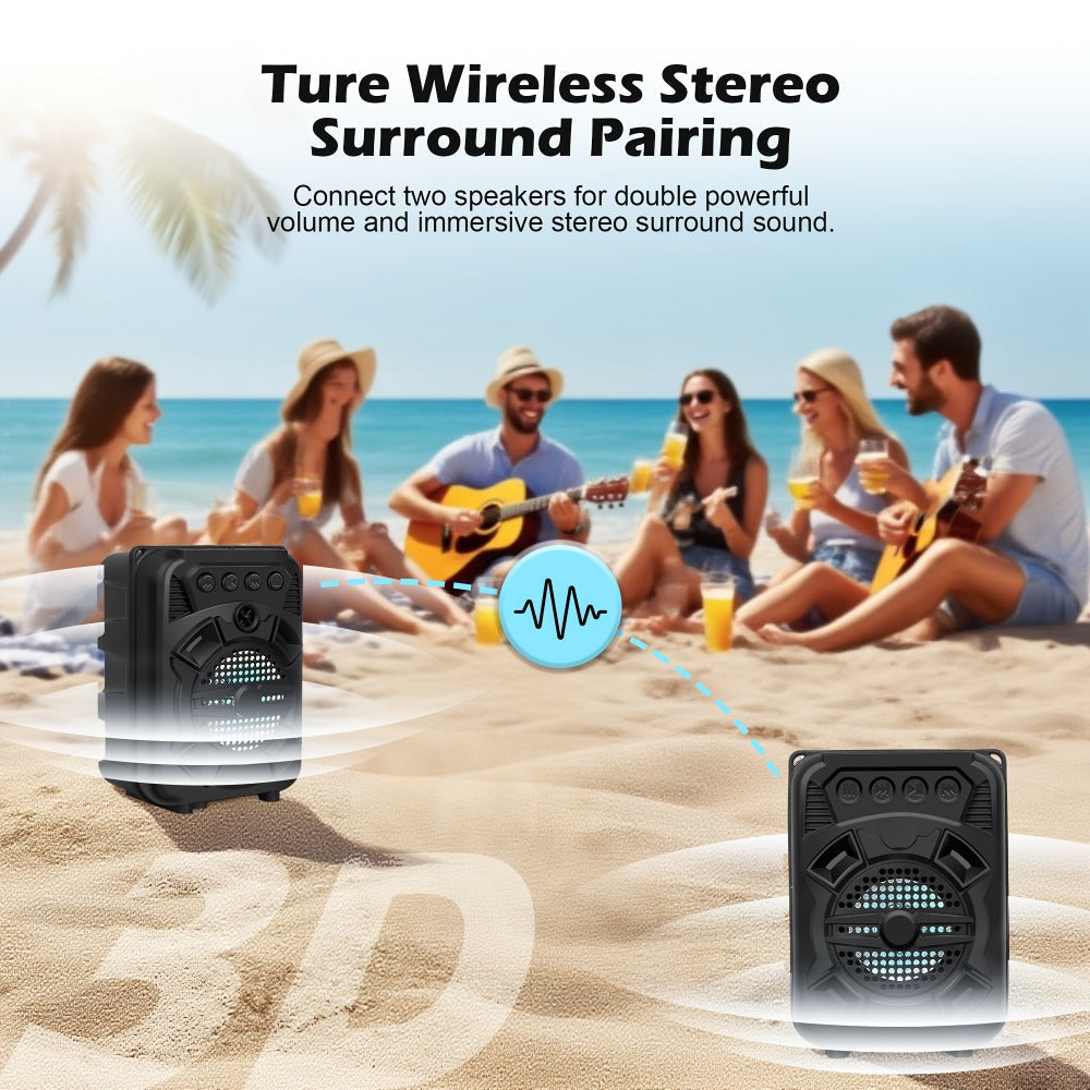 Portable Bluetooth Speaker with LED Light, Stereo Bass and Up to 10 Hours Playtime in Black