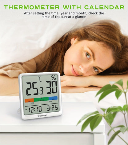 Indoor Thermometer Hygrometer Digital | Accurate Temperature Humidity Monitor with Clock & Calendar | Desktop Room Humidity Gauge for Home