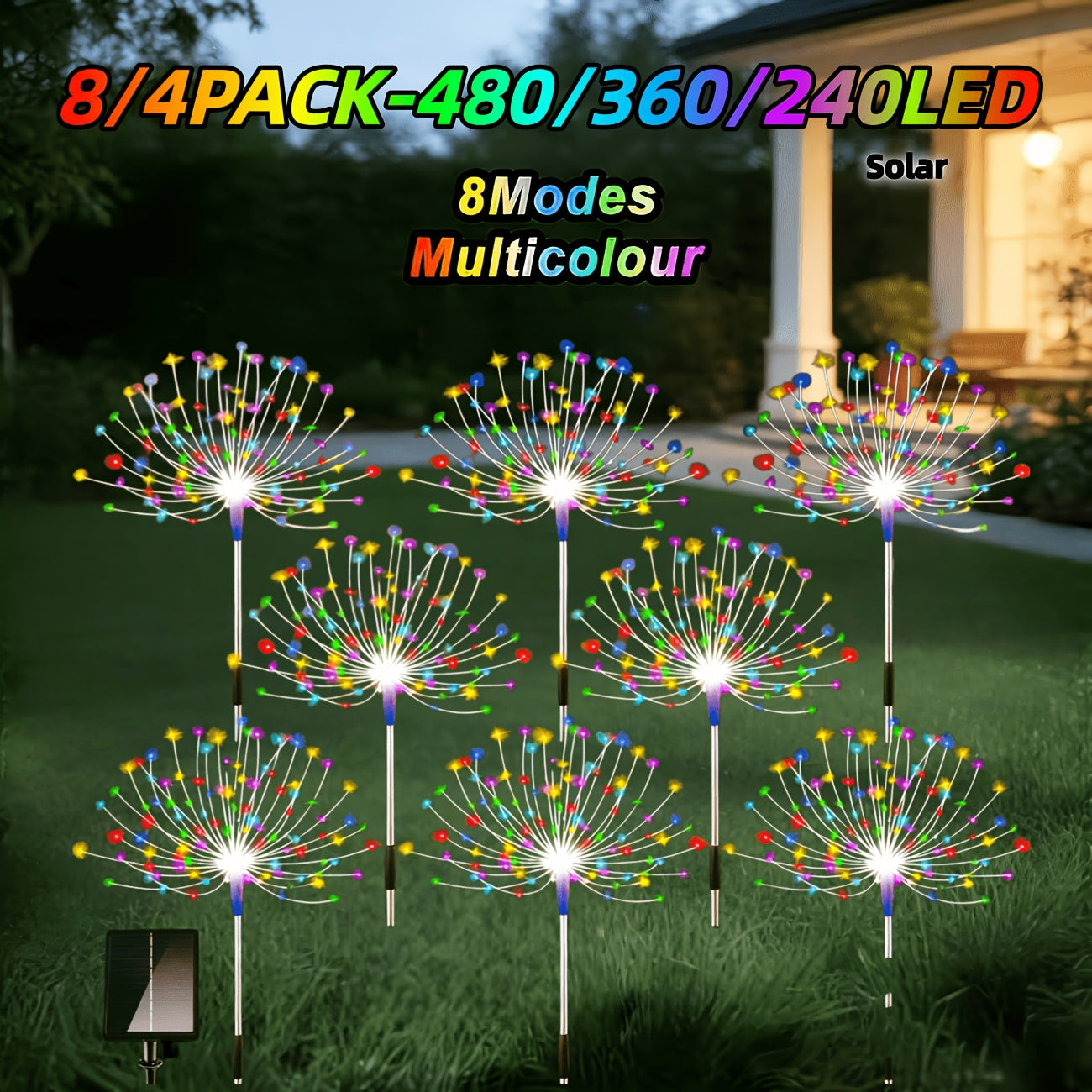 Solar Garden Lights Firework Stakes with 240/360/480 LEDs, 8 Modes, 4/8 Packs and Three Colors