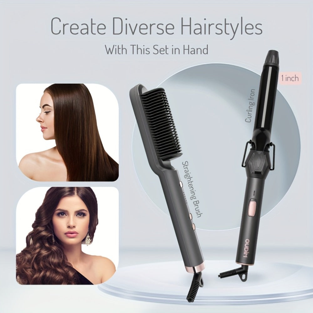 Hair Straightener & Curling Iron Set for Women, Flat Iron Straightening Brush, Anti-Scald, Precise Temperature Control