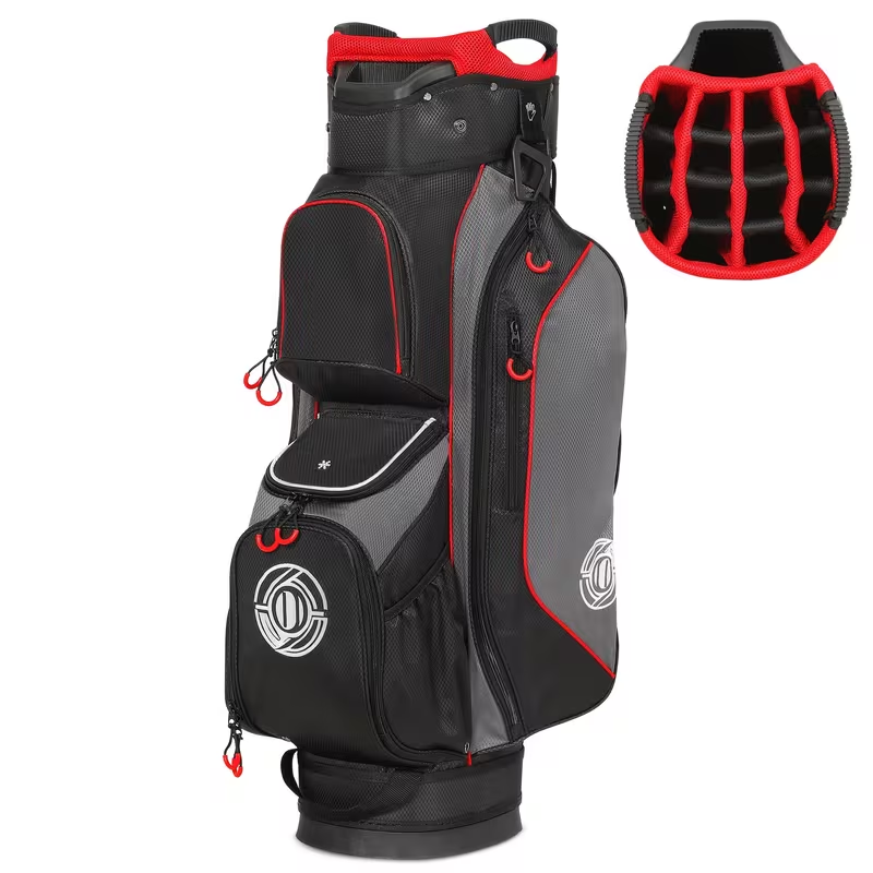 Golf Cart Bag 14-Way Full Length Dividers Protect Clubs 8 Zippered Pockets Cooler Pocket Valuables Pocket Ergonomic Shoulder Straps Rain