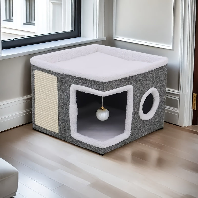 Cat House Foldable Multi-Layer 2-Tier Bed Toy Tunnel Scratching Post Plush Hanging Ball Canvas Nylon Frame All-Season Indoor Cat Cube