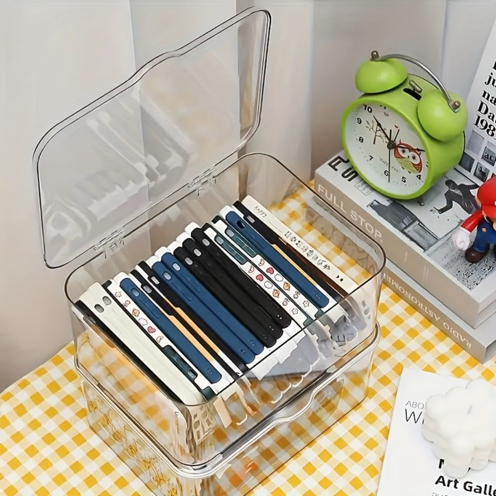 Clear Lidded Phone Case Storage Box, 10.2 x 7.9 x 5.1-Inch Desktop Organizer for Accessories