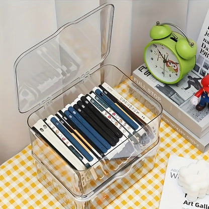 Clear Lidded Phone Case Storage Box, 10.2 x 7.9 x 5.1-Inch Desktop Organizer for Accessories