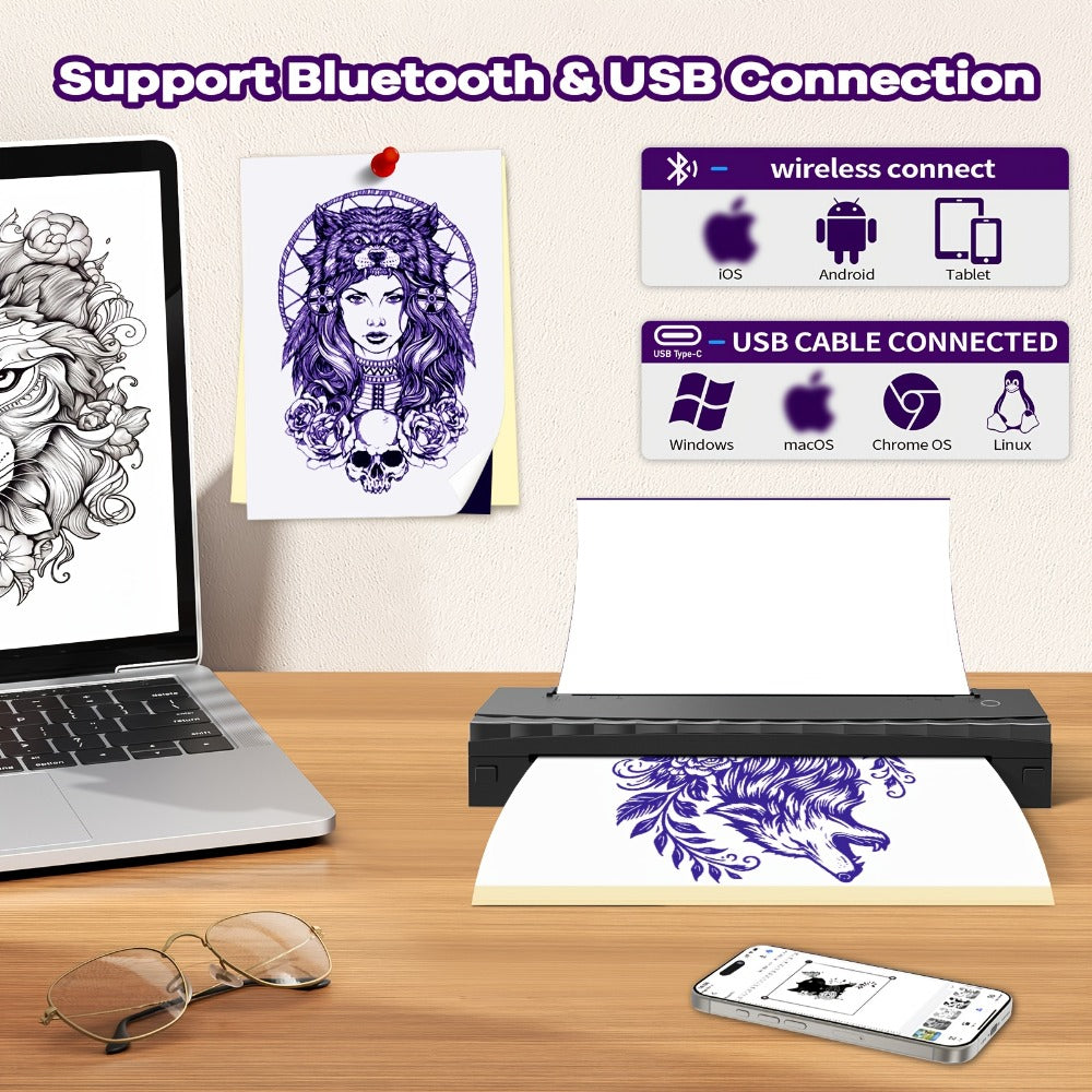 Tattoo Stencil Printer D80 - Wireless Bluetooth Thermal Printer for Tattoo Transfer Paper & A4 Office Printing