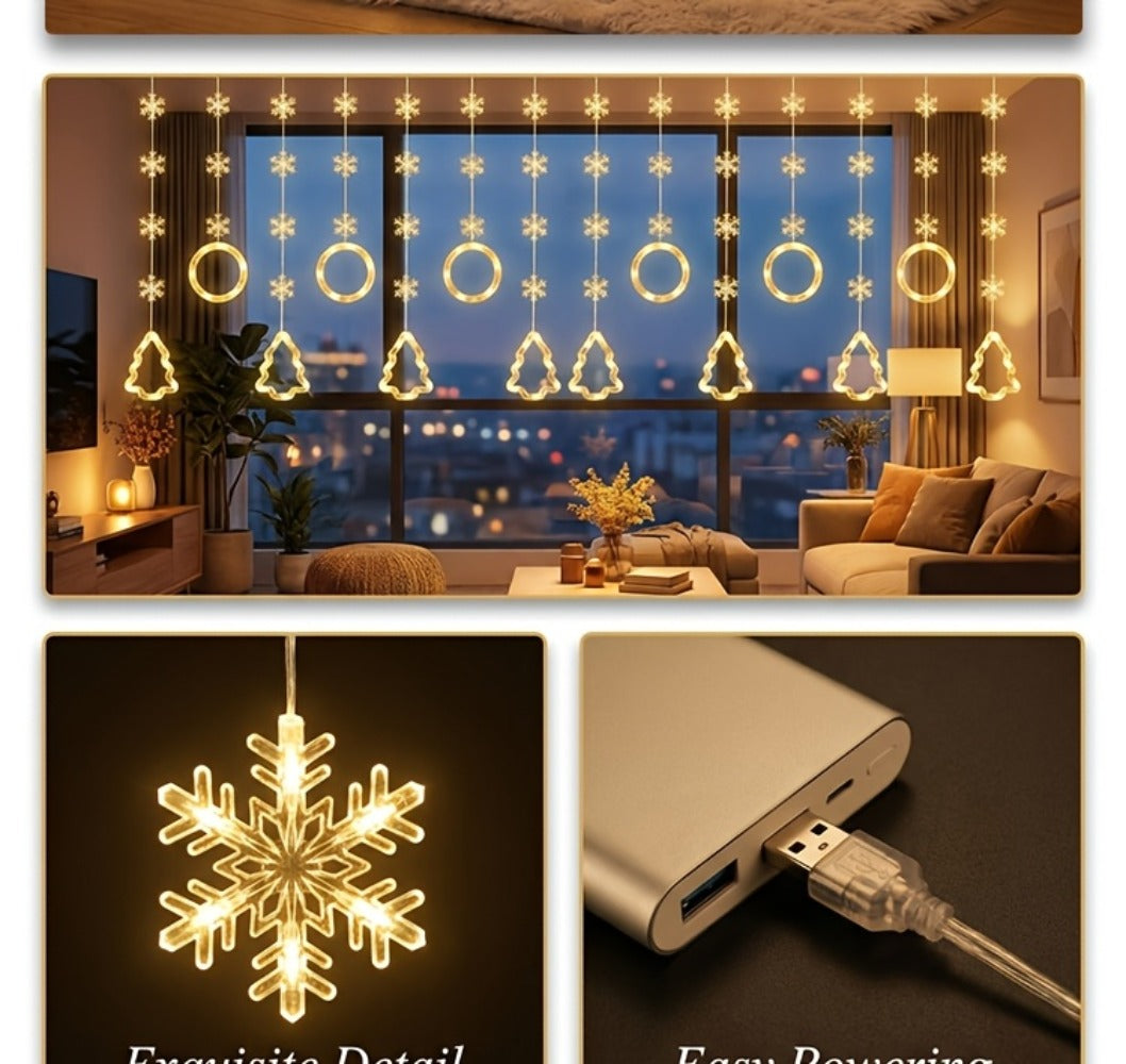 String Lights, 118-Inch USB Holiday Curtain with Ten Snowflake or Star-and-Tree Drops for Indoor Display