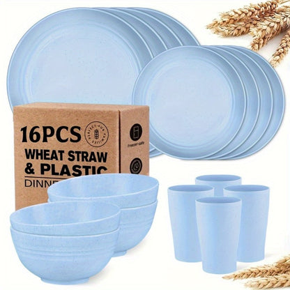 Wheat Straw Dinnerware Set 16 or 32 Piece – Plates & Bowls for 4 or 8 People, Microwave & Dishwasher Safe Plastic Dish Set