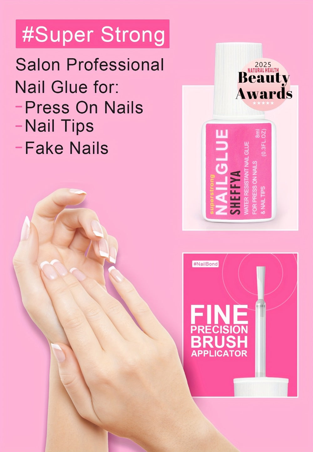 Nail Glue Set, 8ml Brush-On Bottles in 2-, 5- or 10-Piece Options with SHEFFYA Package and EMNAGLUE Bottle Markings