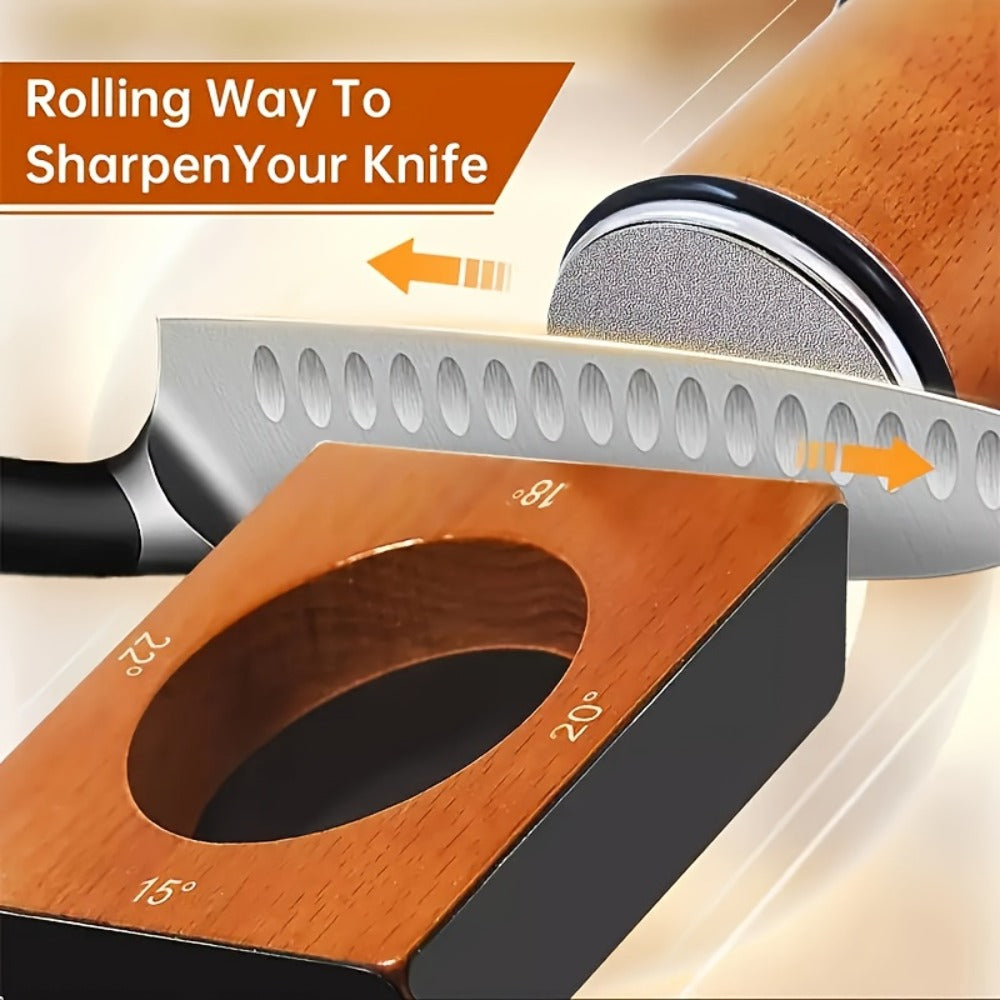 Rolling Knife Sharpener with Two-Angle or Five-Sided Magnetic Base Options in Wood Finish Design
