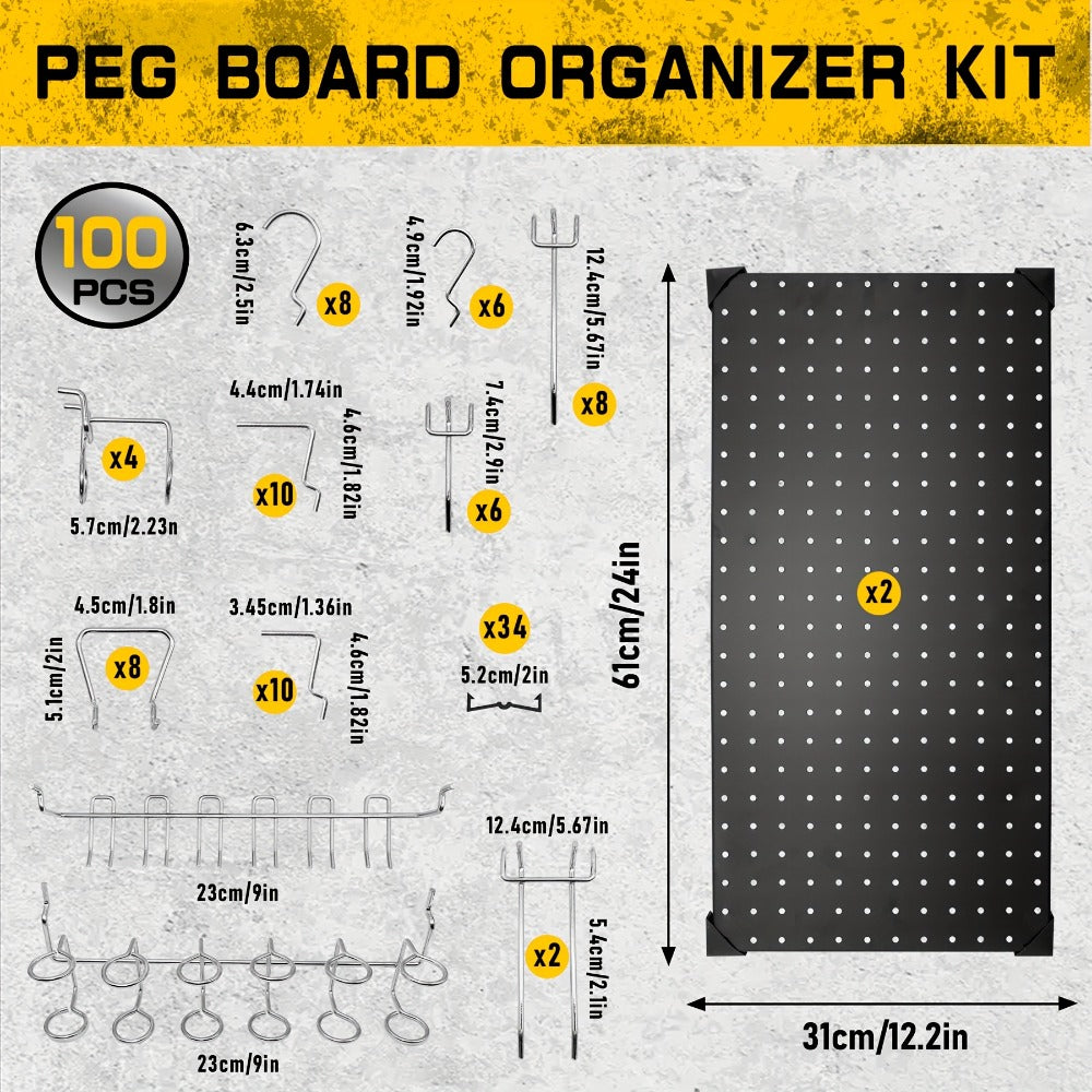 Black Metal Pegboard Wall Organizer Set with Hooks 66/100pcs, 12x24 Inch Wall Mounted Pegboard Kit for Garage Workshop Tool Storage