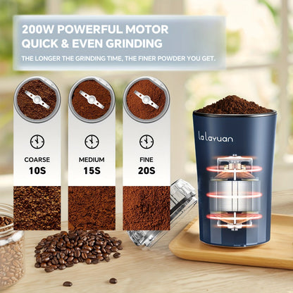200W-Labeled Electric Coffee Grinder with Press-Lid Control, Two-Leaf Blade and Three Housing Options