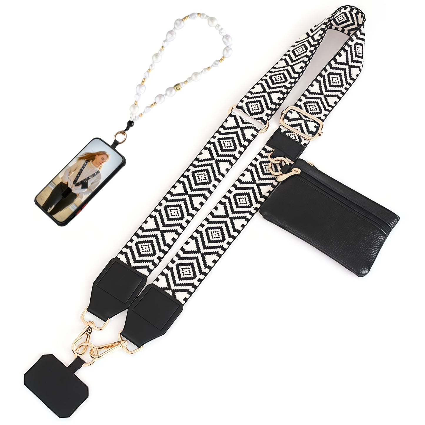 Phone Lanyard Crossbody Strap with Zipper Pouch & Beaded Charm Adjustable Hands-Free Cell Phone Shoulder Strap