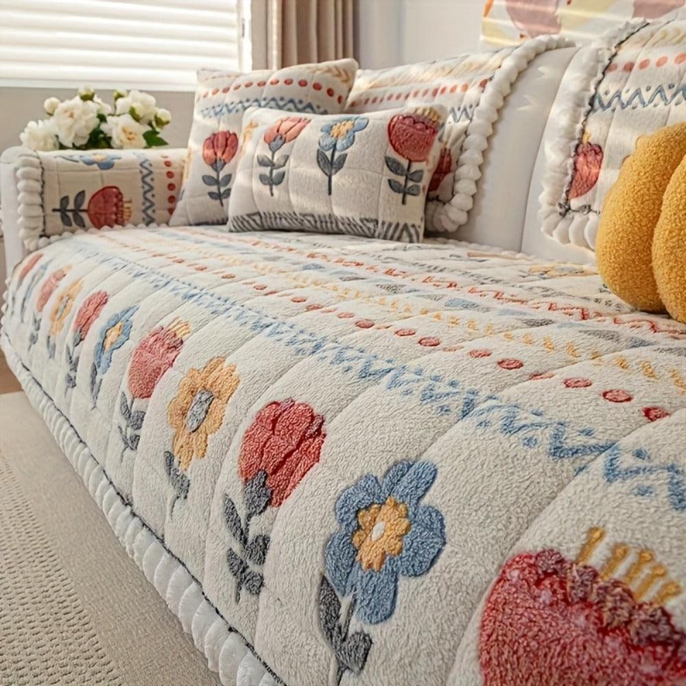 Sofa Cover Thick Milk Fleece Floral Quilted Panels with Ruffled Edge for 2, 3 or 4-Seater Sofas