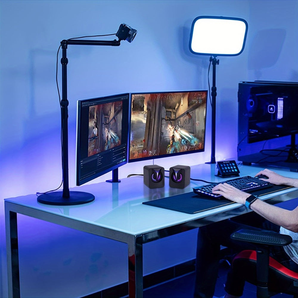USB Powered Computer Speakers 2.0 Mini Stereo Desk Audio System with RGB Lights, Volume Control, 3.5mm AUX Input