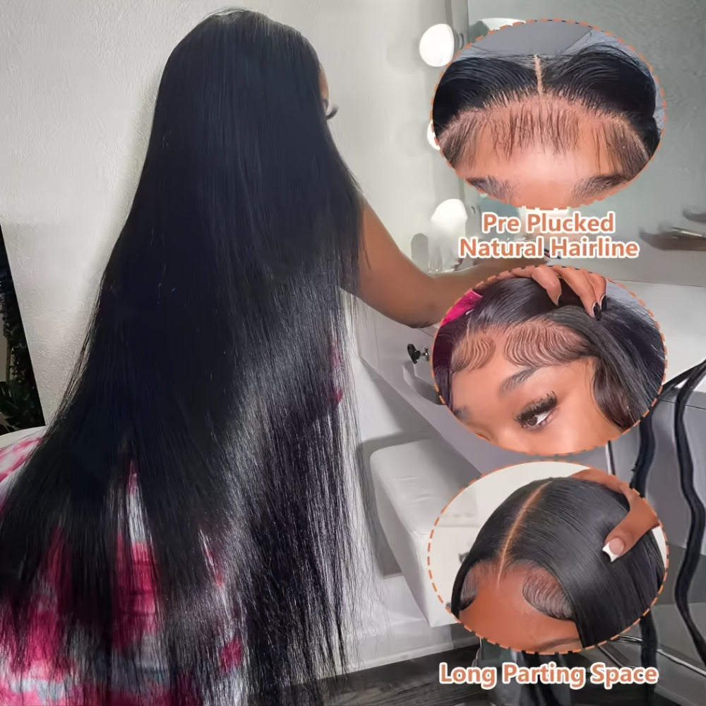 Wig Bone-Straight Glueless Human Hair in Natural Black, 10-34 Inch Options with Pre-Cut 6x4.5 Lace