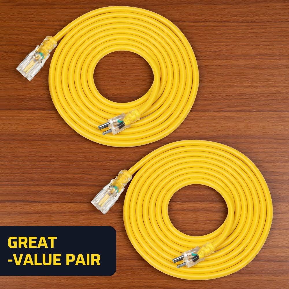 Extension Cord 2 Pack 15ft Outdoor Indoor SJTW 16/3 Full Copper Wire LED Power Indicator 13A 125V 1625W Grounded 3 Prong