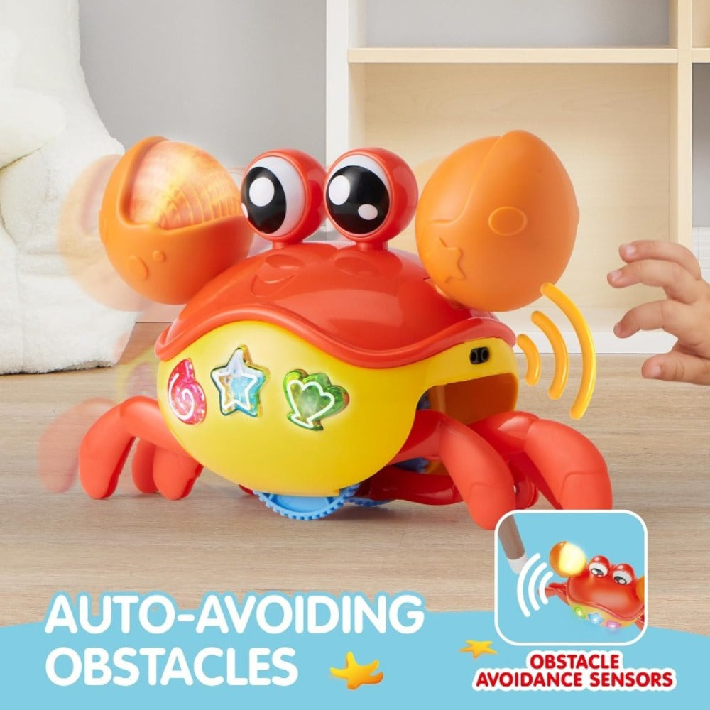 Musical Crawling Crab Toy with Light-Up Buttons, Moving Claws and Obstacle-Avoiding Motion
