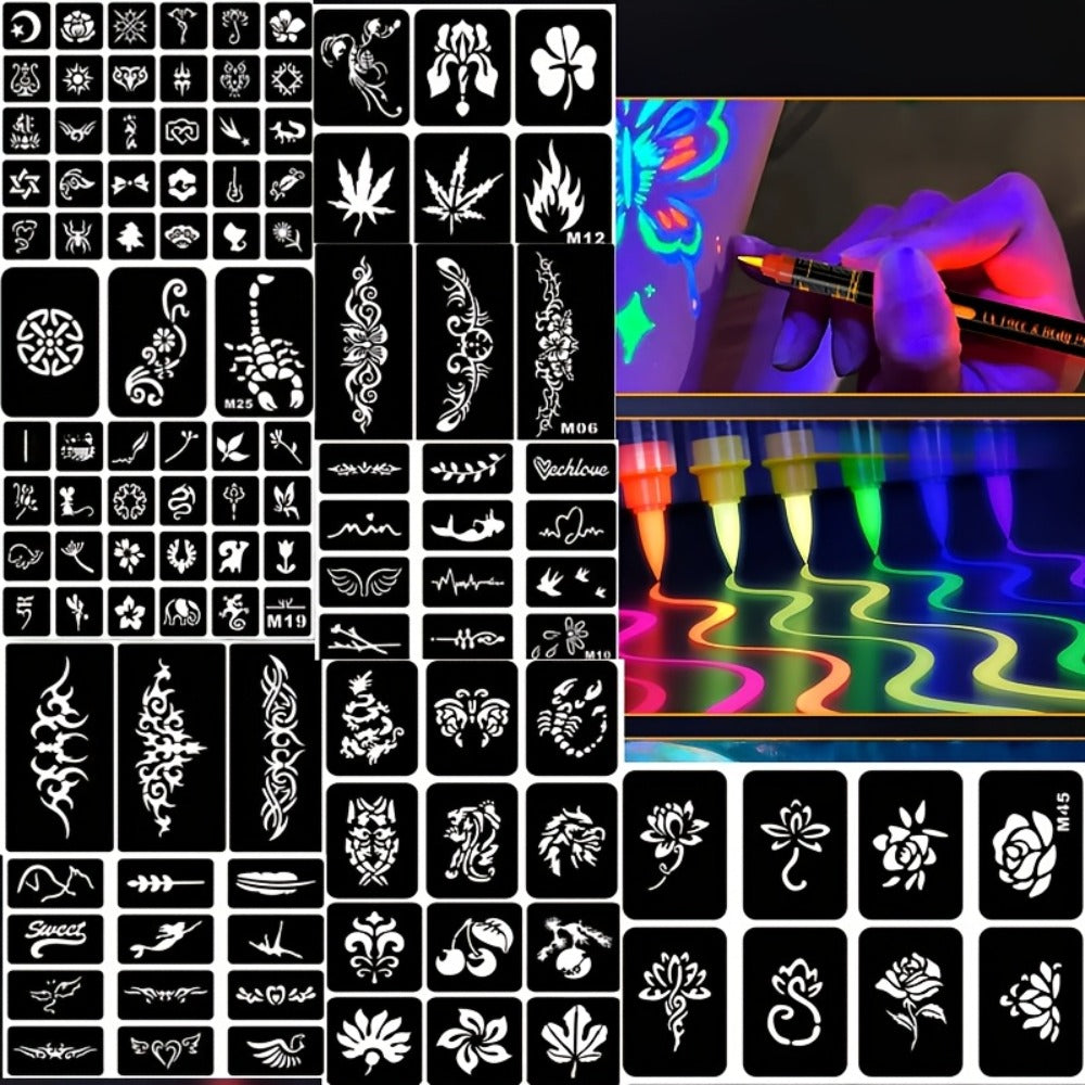 Face Body Paint Pen Set 8 Colors with 105 Tattoo Stencils, Glow in the Dark Neon UV Blacklight Face Paint