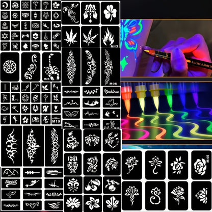 Face Body Paint Pen Set 8 Colors with 105 Tattoo Stencils, Glow in the Dark Neon UV Blacklight Face Paint