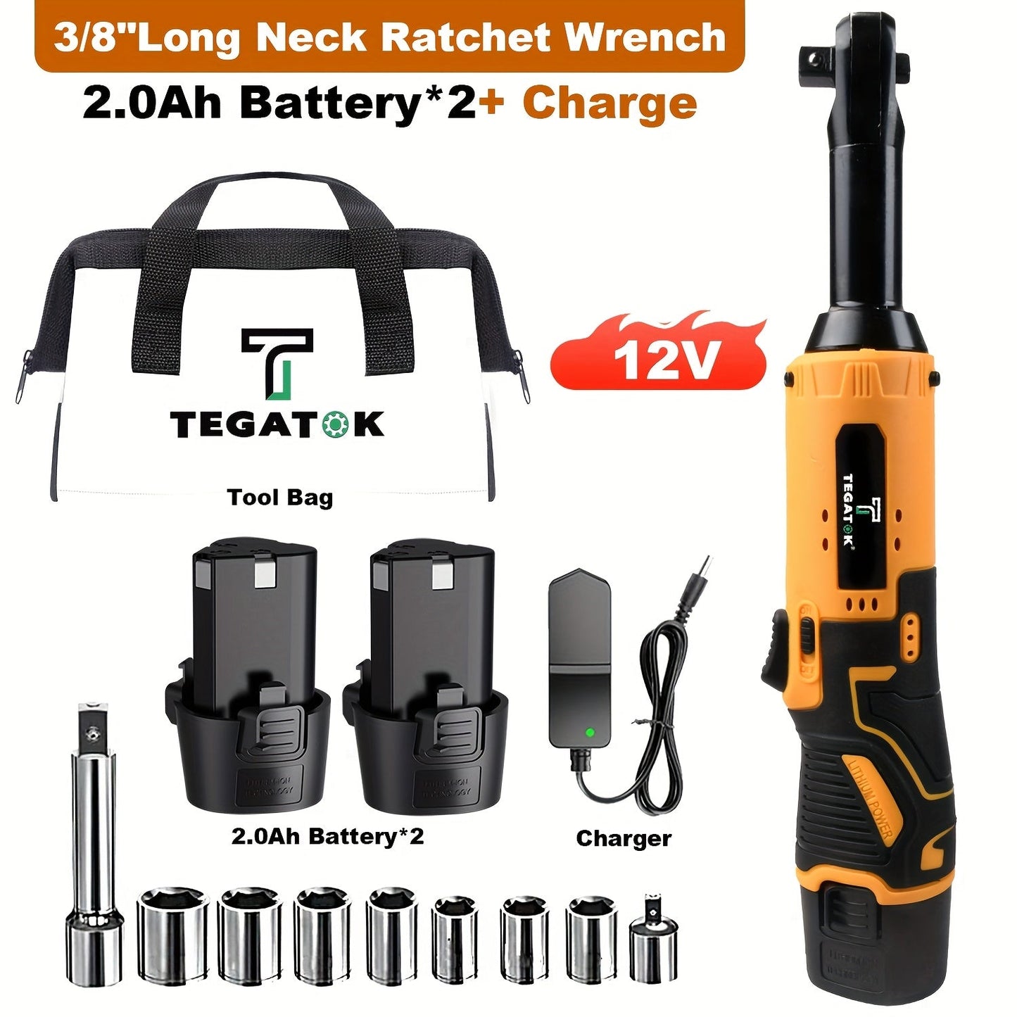 12V Cordless Ratchet Wrench Set 3/8" Drive, 40 Ft-lbs Torque, Variable Speed Trigger, Lithium-Ion Battery
