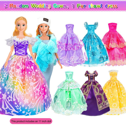 Doll Closet Playset 108 Piece with 11.5 Inch Fashion Doll Purple Wardrobe Wedding Gowns Shoes Handbags Crowns & Accessories