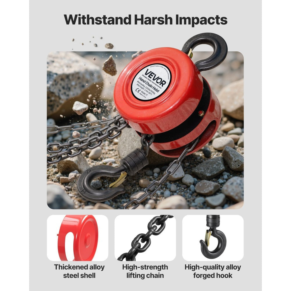 Hand Chain Hoist / Manual Chain Block with G70 Chain, 8 ft / 10 ft / 20 ft Lift Height, 360° Rotating Hooks