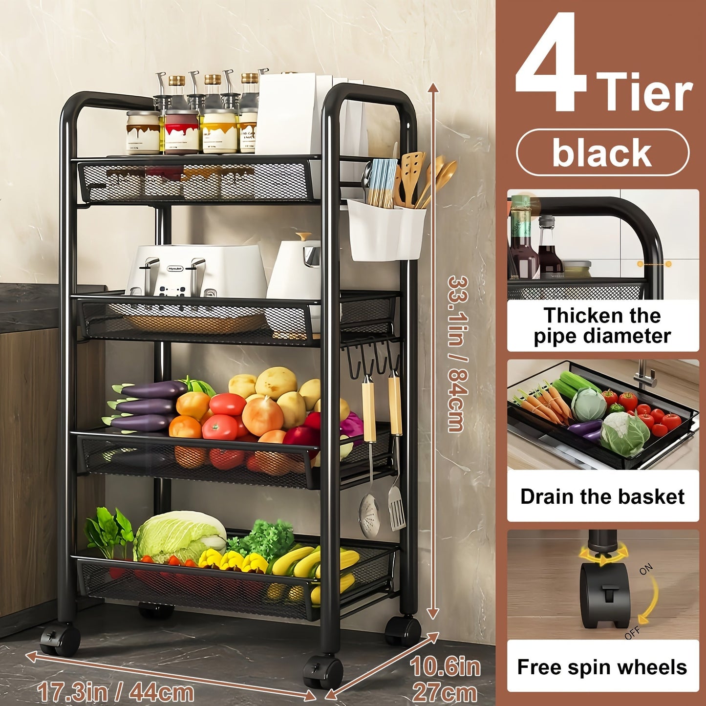 Rolling Storage Cart on Wheels – 3/4/5 Tier Carbon Steel Wire Basket Trolley, Black Metal Utility Cart for Kitchen, Bathroom, Bedroom