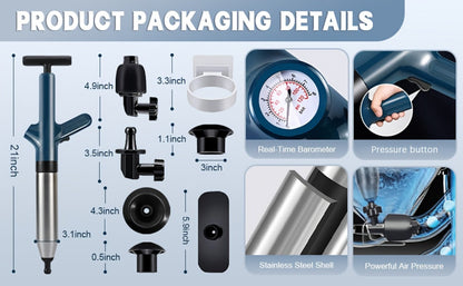 Toilet Plunger Set High Pressure Air Drain Unclogger - Stainless Steel Toilet Snake & Air Discharge Impactor for Clogged Toilet