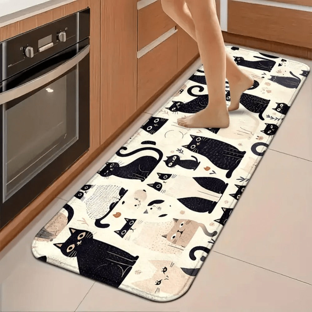 Black-and-White Cat Kitchen Floor Mat with Playful Pattern in 20 x 31 or 23.6 x 35.4-Inch Sizes