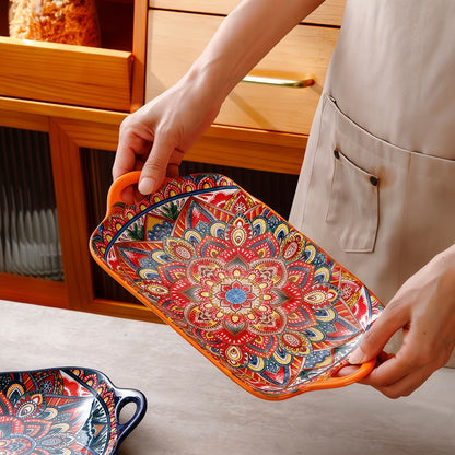 Ceramic Serving Platter Set of 4, Bohemian Rectangular Fish Dish with Double Handles, Baking Tray for Sushi Pasta Desserts Salads Fruits