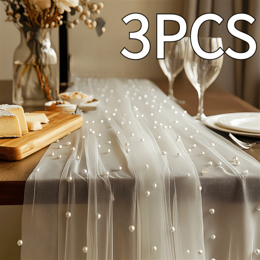 Three-Piece White Pearl-Beaded Tulle Table Runner Set, 2.5 x 9.8 Feet Each for Event Tables