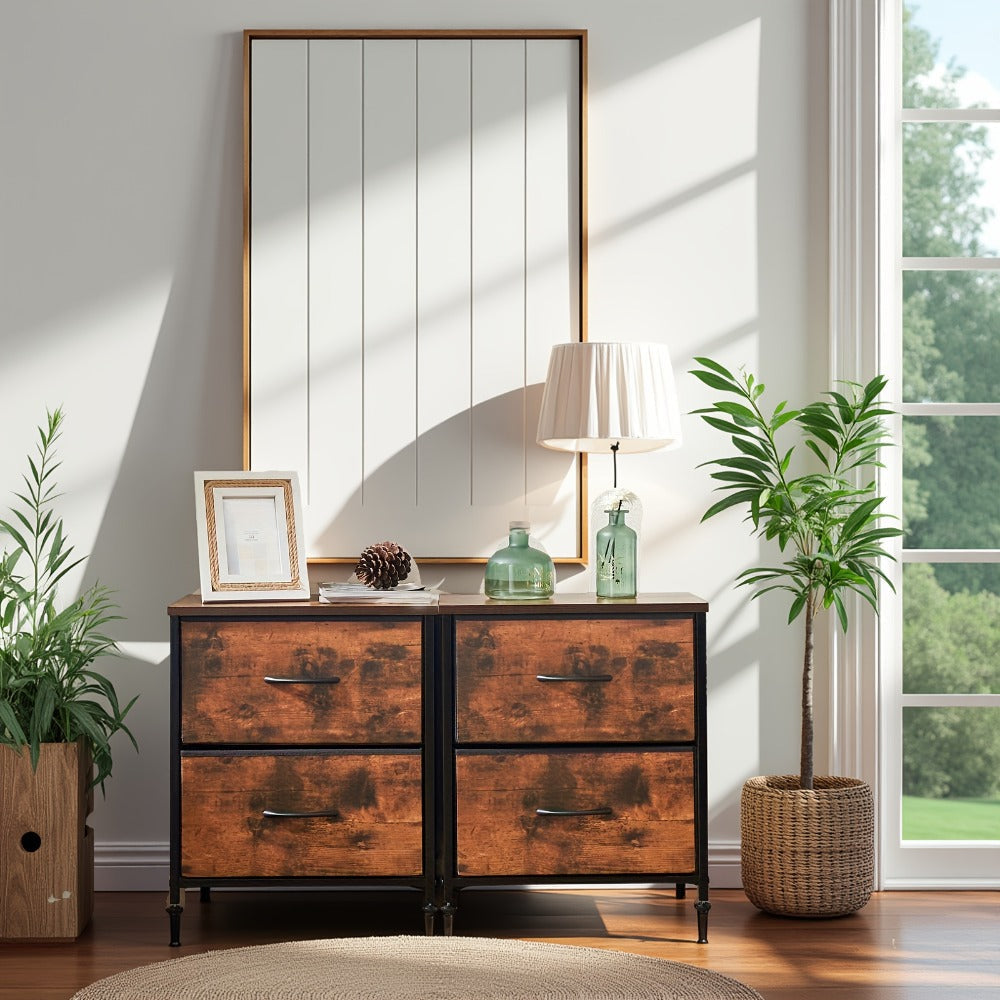 Nightstand with 2 Storage Drawers, 20" Bedside Table with Wooden Top & Fabric Cabinet, Steel Frame Mini Dresser for Bedroom