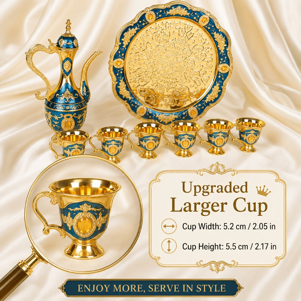 Vintage Turkish Coffee Tea Set – Zinc Alloy Teapot, 6 Cups & Tray | European Style Luxury Gift Set for Tea, Coffee & Cappuccino