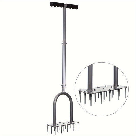 15-Spike Manual Lawn Aerator with T-Handle, 34.6-Inch Shaft and 9.2-Inch Foot Plate in Gray