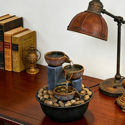 Tabletop Water Fountain Indoor, 4-Level Desktop Waterfall with LED Lights & Natural River Stones