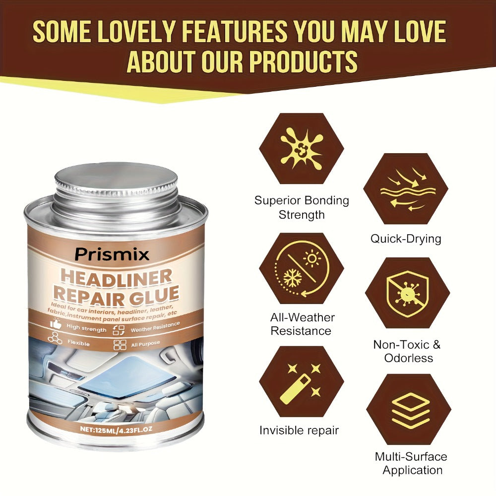 Car Headliner Repair Adhesive by Prismix, 125ml Can with Brush for Fabric and Interior Panel Application