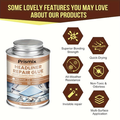 Car Headliner Repair Adhesive by Prismix, 125ml Can with Brush for Fabric and Interior Panel Application