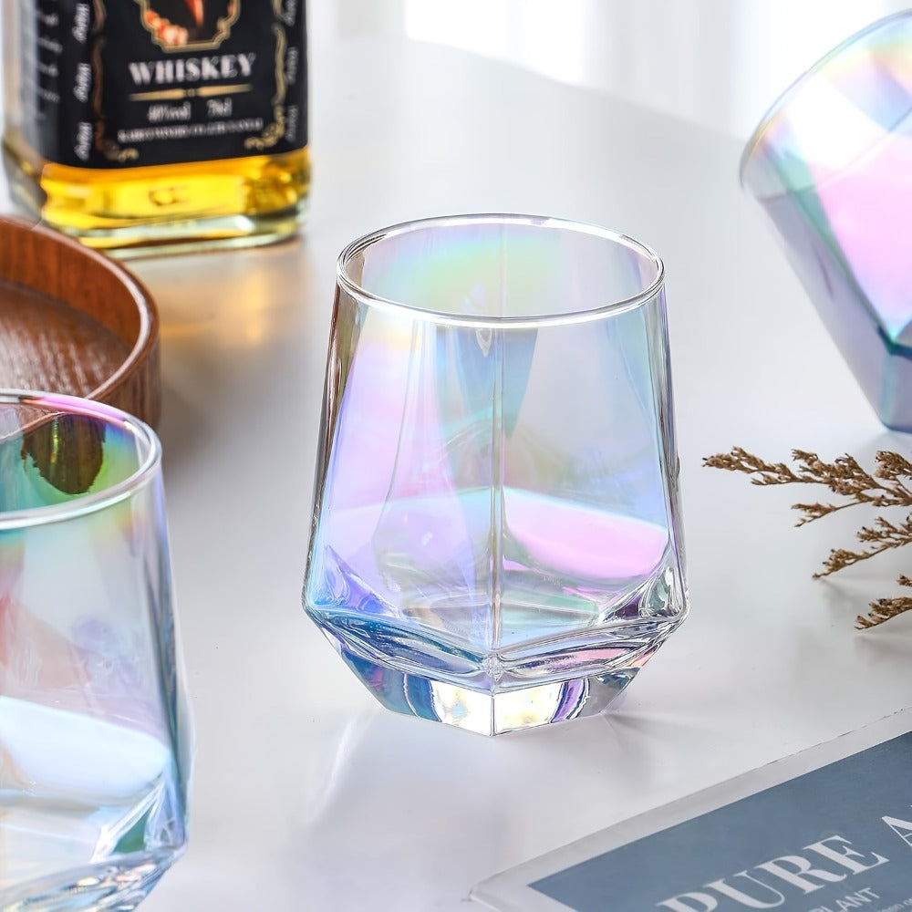 Six-Piece Iridescent Stemless Wine Glass Set with Faceted Bowls, Round Rims and Thick Clear Bases
