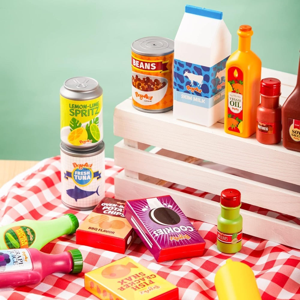 30 Pcs Play Food Grocery Cans Set - Pretend Kitchen Toy with Drinks, Juice, Snacks & Yogurt, Safe