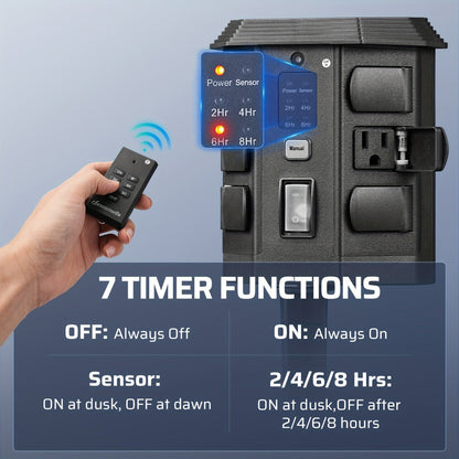 Outdoor Power Stake Timer 6 Outlet, 100FT Wireless Remote Control, Dusk to Dawn Photocell Sensor