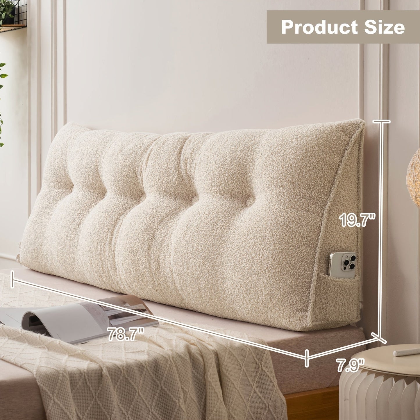 Bed Wedge Pillow Headboard Pillow with Side Pockets Removable Cover Teddy Velvet Reading Pillow Twin Queen King