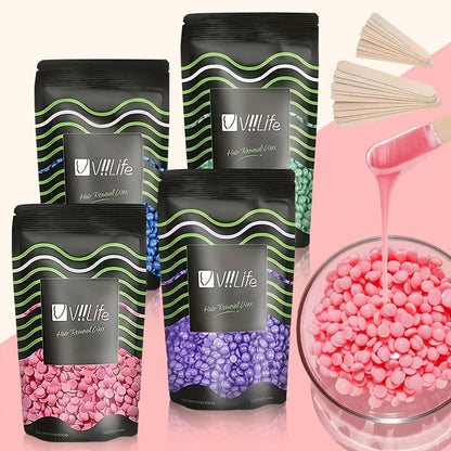 Hard Wax Beads for Hair Removal - 4 Colors Wax Beans with 20 Wood Sticks, Brazilian Bikini Wax Kit for Women & Men