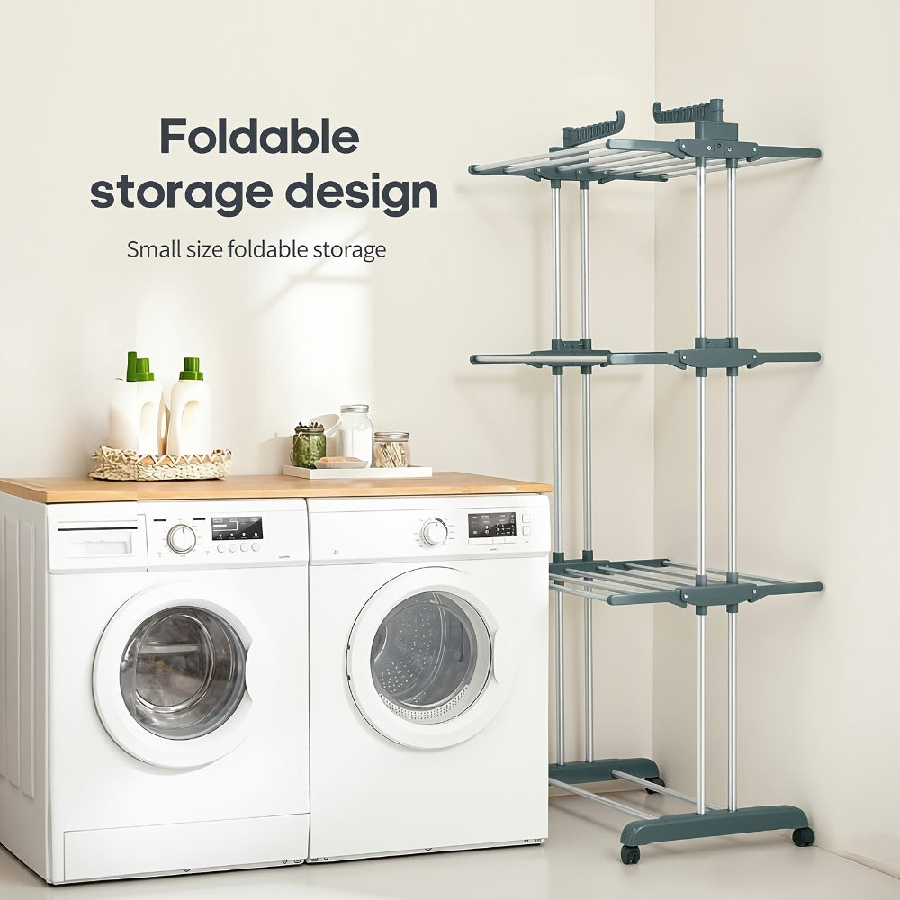 Clothes Drying Rack 4-Tier Foldable Metal Laundry Rack with Rolling Casters, Holds 30+ Garments, Adjustable Shelf Heights