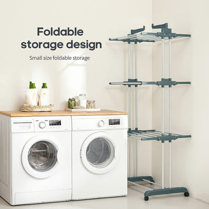 Clothes Drying Rack 4-Tier Foldable Metal Laundry Rack with Rolling Casters, Holds 30+ Garments, Adjustable Shelf Heights